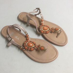 ZUKA SANDALS BEIGE COLOR SIZE 8 Leather Orange Gold Beads Accent
